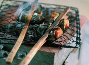 Grilled Chicken Skewers with Lemon Leaves